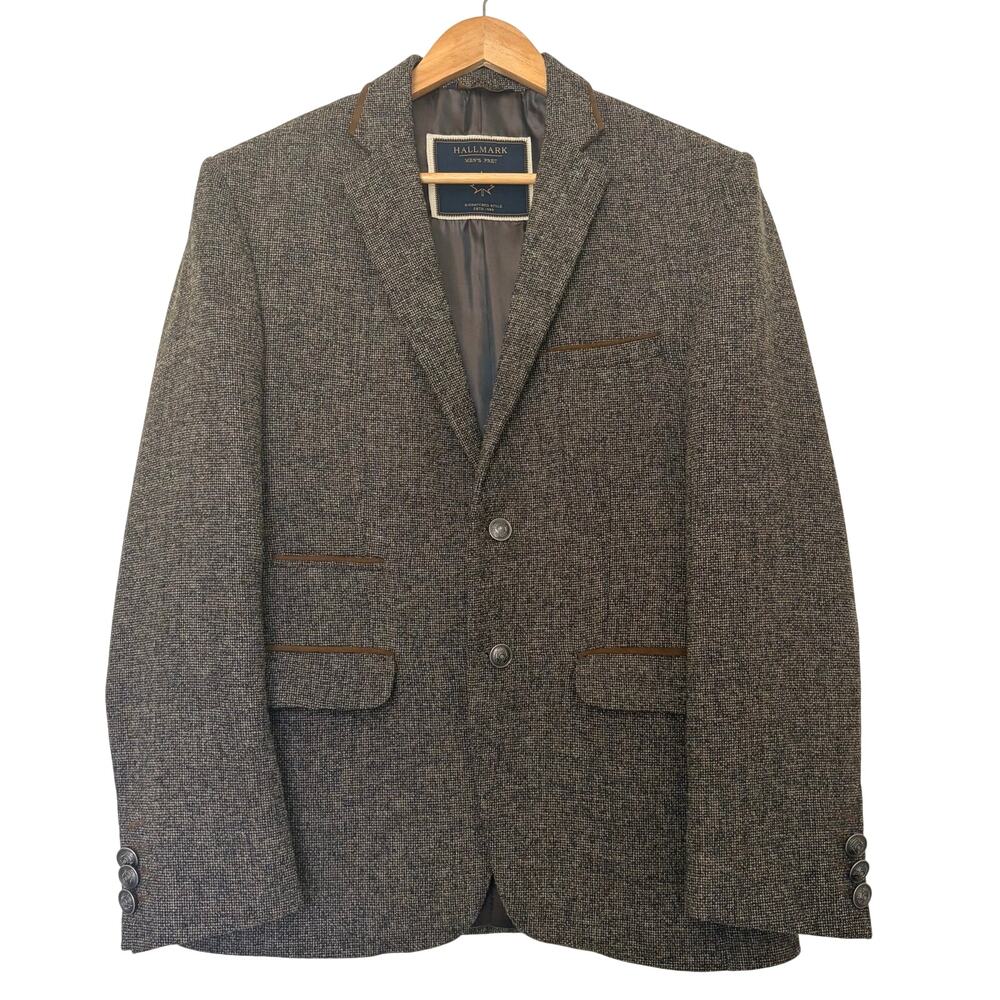 Hallmark Mens Textured Wool Blazer with Brown Trim Size 38 Silver Button